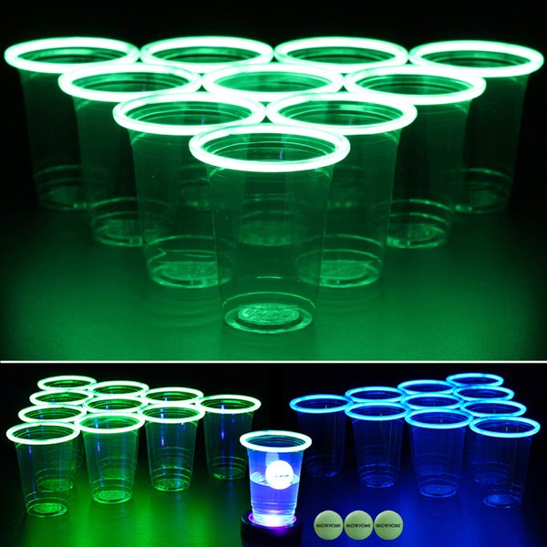 GLOWPONG Green vs Blue Glow in The Dark Beer Pong Game Set for Indoor Outdoor Nighttime Competitive Fun, 12 Green vs 12 Blue Glowing Cups, 4 Glowing Balls, 1 Ball Charging Unit Makes Every Shot Glow