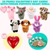 JOYIN 28 Packs Valentines Day Prefilled Hearts with Plush Animal Finger Puppet and Valentins Card for Kids Classroom Exchange, Valentine Party Favors, Gift Exchange, Game Prizes