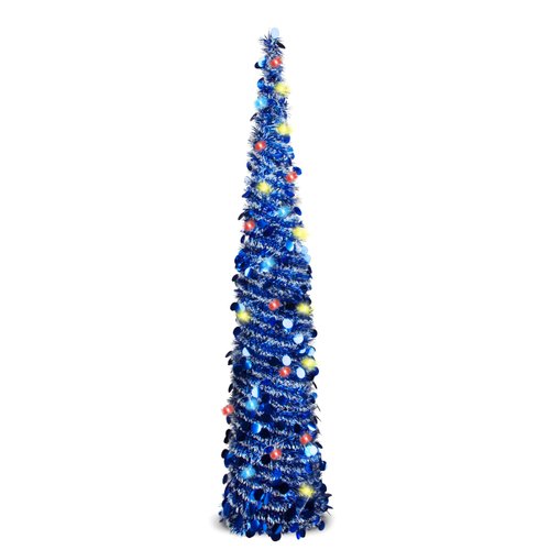 Pop up Christmas Tree with Lights, 5FT Pop Up Pencil Tinsel Christmas Tree with 6m 40LED Multi-Coloured String Lights, Battery Powered for Holiday Home Party Decoration, Winter Xmas Decoration (Blue)