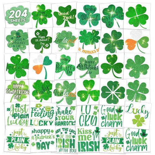 EMOME St Patricks Day Decorations Accessories, 204 Individually Wrapped Sheets Glitter Tattoos for St. Patrick's Day, Glitter Irish Shamrock Tattoo Stickers for Party Favor Supplies