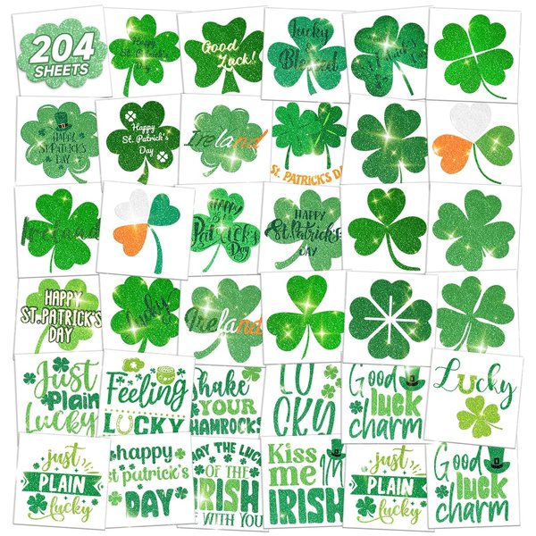 EMOME St Patricks Day Decorations Accessories, 204 Individually Wrapped Sheets Glitter Tattoos for St. Patrick's Day, Glitter Irish Shamrock Tattoo Stickers for Party Favor Supplies