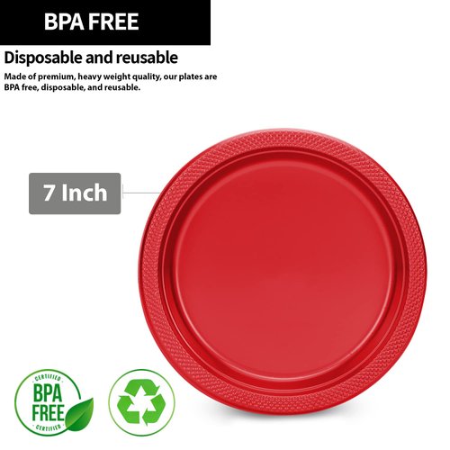 Red Plastic Plates 7 Inch - 50 count - Plastic Solid Round Party Plates For Weddings, BBQs, Birthday Plates - Disposable Red Plates - Plastic Dessert Plates