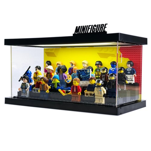 Minifigure Display Case with LED Lights - Clear Dustproof Acrylic Display Box - Removable and Freely Assembled Brick Base (Yellow)