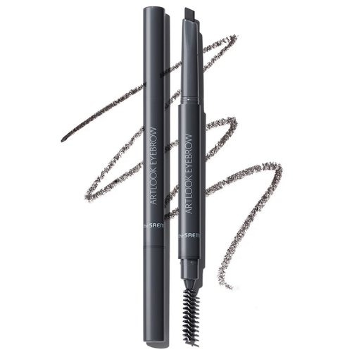 THESAEM Artlook Eyebrow Definer Pencil with Spoolie Brush 04 Black Gray – Long Lasting Eyebrow Pencil for Soft Textured Eyebrow Makeup with Vitamin E - Triangular Pencil