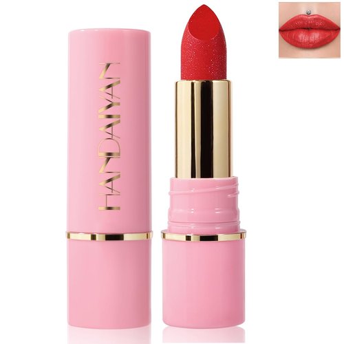 BEUKING Diamond Nude Lipstick, Matte Glitter Lip Gloss, Metallic Long Lasting Waterproof Moisturizing Lip Stain, Fine Shimmer Silky Full-Coverage Lip Tint for Lip Make up (04# Ruby Red, 0.13 oz)