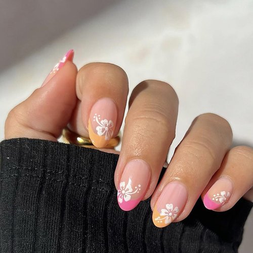 French Tip Press on Nails Short Almond SWEKKE Fake Nails Full Cover Flower False Nails with Designs Pink Yellow Nail Tip Glossy Glue on Nails Acrylic Nails Artificial Nails for Women Girls 24Pcs