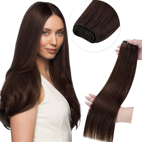 LaaVoo Sew in Hair Extensions Real Human Hair Dark Brown Hair Extensions Weft Human Hair for Women Brown Sew in Weft Hair Extensions Human Hair Long Straight 14 Inch 80g
