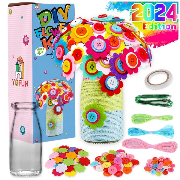 YOFUN Flower Craft Kit for Kids - Make Your Own Flower Bouquet with Buttons and Felt Flowers, Vase Art Toy & Craft Project for Children, DIY Activity Gift for Boys & Girls Age 4 5 6 7 8 9 Year Old