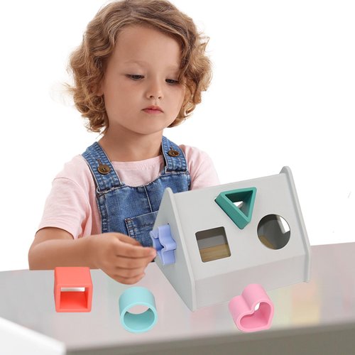 Kizadee Silicone Shape Sorting Cube, Silicone Shape Sorting Box, Classic 5 Colors and Shapes Matching Game, Educational Learning Toy for Toddlers (Silver)