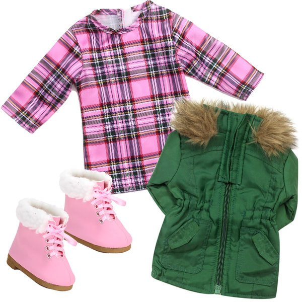 Sophia's Complete Fall Outfit with Plaid Long-Sleeved T-Shirt Dress, Fur-Trimmed Parka, & Lace-Up Booties for 18” Dolls, Pink/Green