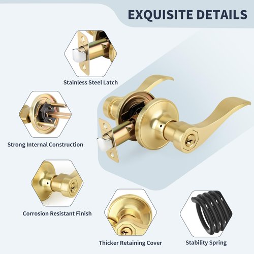 LOQRON Wave Style Door Lever Keyed Entry Door Handle with Lock, Entrance Lever Reversible for Left/Right Handed for Office or Front Door with Satin Brass Finish, 1 Pack