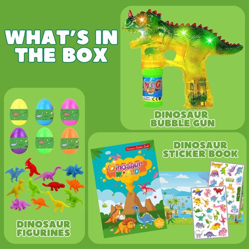 Dinosaur Toy Gift Set: One Bubble Gun, 12 Mini Dino Figurines in 6 Eggs & Sticker Book with 40 Reusable Stickers – Fun Dinosaur Toys for Kids, Toddlers, Boys & Girls