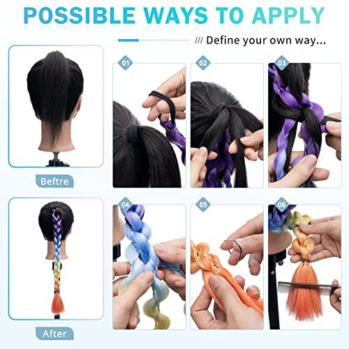 Hairro Colored Braids Hair Extensions with Rubber Bands Rainbow Braided Synthetic Hairpieces Ponytail Hair Accessories for Women Kids Girls Party Highlights 24 Inch 2pcs/Pack