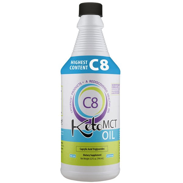 LifeSense C8 MCT Oil Keto Friendly - Caprylic Acid Triglycerides Sourced from Coconut Oil, proven in 2022 clinical trial to increase betahydroxybutyrate (BHB), Made in USA by PhD Nutrition, 32 oz