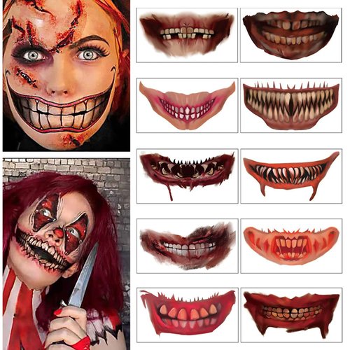 Halloween Horror Mouth Tattoo Stickers, 10 Sheets Halloween Prank Makeup Temporary Tattoos Bloody Mouth Face Decals Prank Props for Halloween Cosplay Party Decorations (Color Set)