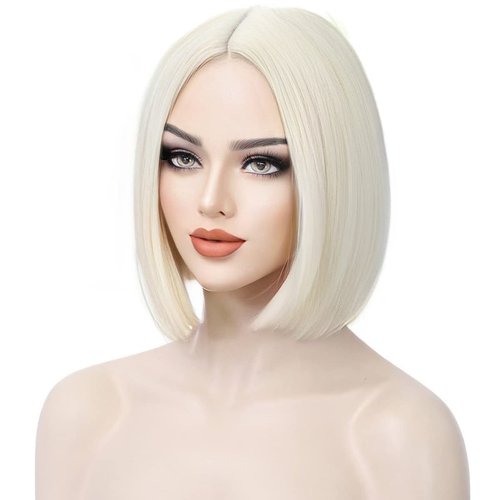 WTHCOS Platinum Blonde Bob Wigs for Women Short Straight Blonde Hair Wig Light Blonde Bob Wigs Side Part Cosplay Wig Heat Resistant Natural Looking Synthetic Wigs (Platinum Blonde)