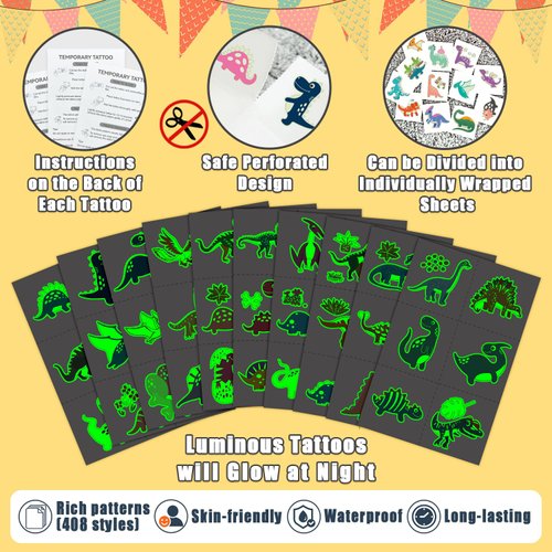 Partywind 408 Styles Luminous Dinosaur Party Decorations, 68 Sheets Temporary Tattoos for Kids Dinosaur Party Supplies Favors, Glow Dinosaur Goodie Bag Stuffers for Children Games
