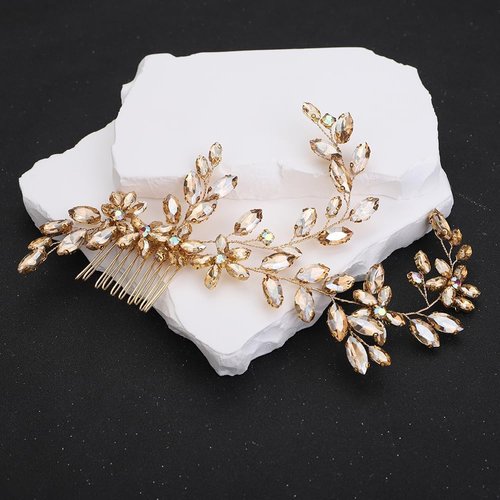 Rumtock Vintage Champagne Crystal Hair Comb Side Headpiece for Brides Women Banquet Jewelry Girls Prom Queen Hair Accessories (Champagne)