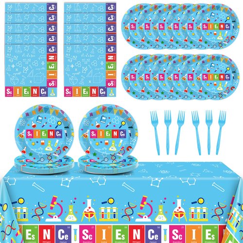 chiazllta Science Party Supplies Tableware Set for 20 Guests Little Scientist Party Birthday Plates Laboratory Party Decorations Includes 7inch Plates, Napkins, Tablecloth