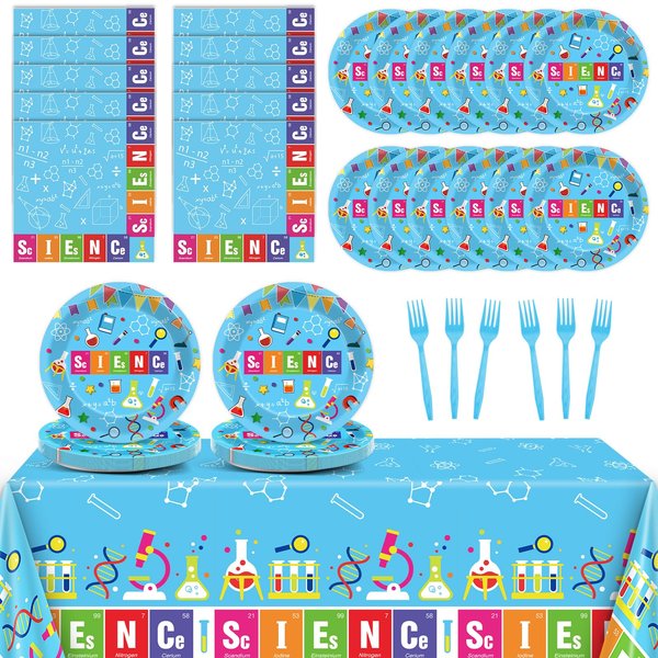 chiazllta Science Party Supplies Tableware Set for 20 Guests Little Scientist Party Birthday Plates Laboratory Party Decorations Includes 7inch Plates, Napkins, Tablecloth