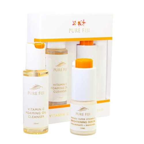 Pure Fiji Vitamin C Brightening Duo Kit - Foaming Oil and Brightening Vitamin C Face Serum - Anti Aging Anti-Wrinkle Facial Serum Gentle Foaming Oil, Antioxidant Serum, for All Skin Types