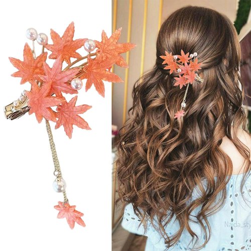 Autumn Maple Leaf Flat Hair Clips for Thin Hair Thanksgiving Hair Accessories with Tassel Pearl Decorate Red Maple Leaves Snap Hair Clips Strong Grip Fall Winter Hair Barrettes for Women Girls 1 Pcs
