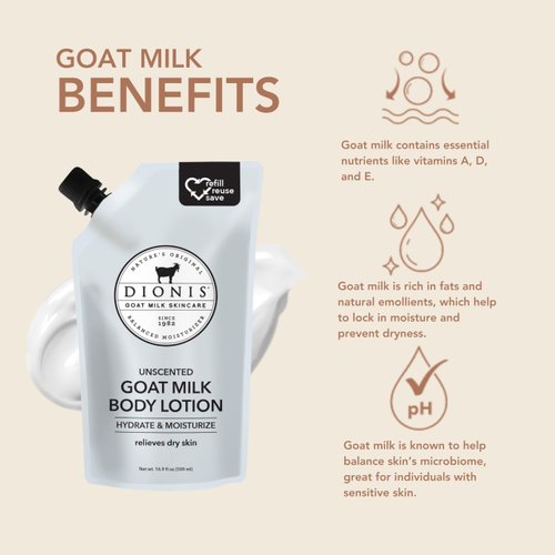 Dionis Goat Milk Skincare Body Lotion 16.9oz Refill Pouch, Cruelty Free Clean Ingredients & Dermatologist Tested Lotion for Dry Skin, Hydrating & Deeply Moisturizing Rich in Vitamins, Unscented