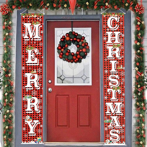 FECEDY Merry Christmas Hanging Banner Porch Sign with Pattern Christmas Tree Presents Snow Banner...