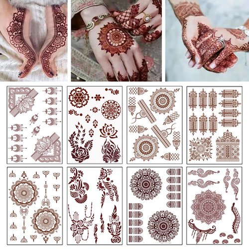 8 Sheets Temporary Tattoo Stickers Brown Exquisite Totem Indian Lace Mandala Flower Pattern for Beach Festivals Wedding Party Decorations