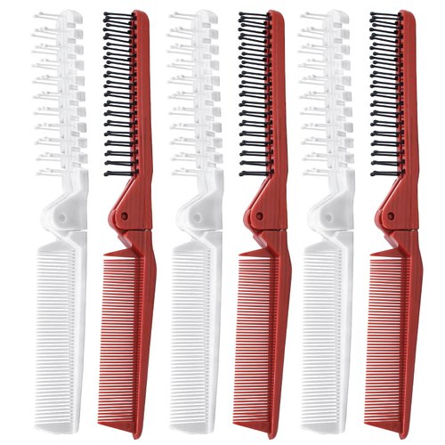 Qjaiune 6PCS Travel Foldable Hair Comb and Brush Set - Anti-Static Mini Pocket Plastic Combs, Double Headed Plastic Hairdressing Tool for Men and Women (White + Burgundy)