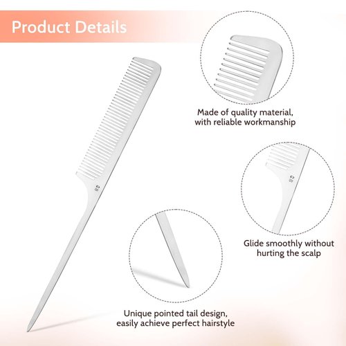 Metal Rat Tail Comb Stainless Steel Hair Combs Flat Top Fine Cutting Comb Teasing Pin Tail Barber Comb with Parting Tip, Rat Tail Comb with Metal Pick for Hair Stylist Women Men