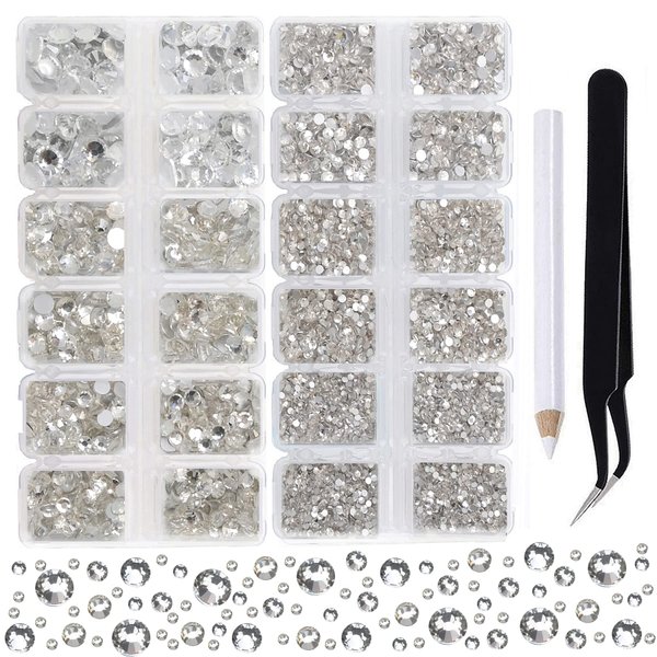 2-Box Massive Beads 8000pcs 6Sizes Nail Art Flatback Glasses Rhinestones Crystal for DIY Project with Tweezers and Picking Pen for Nail Art, Face Art, Manicure (Clear Crystal, 6 Sizes)