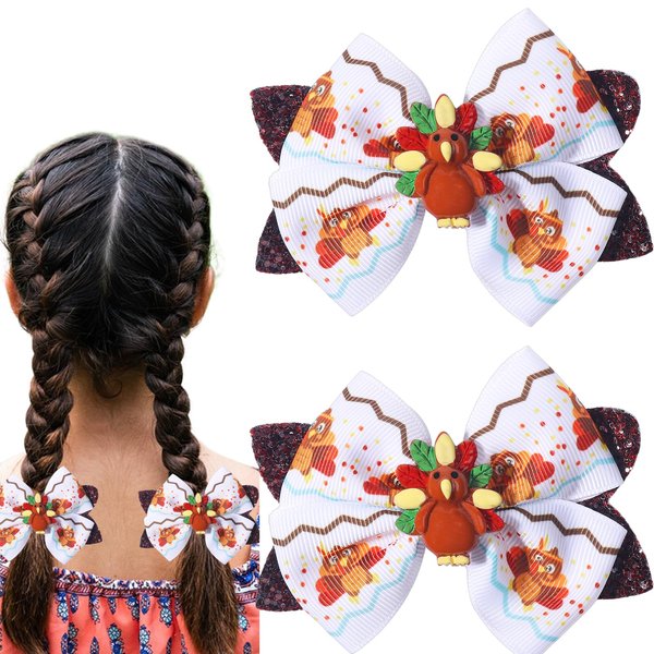 Hair Bow Clips Thanksgiving Day Hair Clip Glitter Turkey Hair Bows Brown Autumn Bowknot Hairpins Hairgrips for Ribbon Barrette Thanksgiving Day Headwear Hair Accessories 2PCS