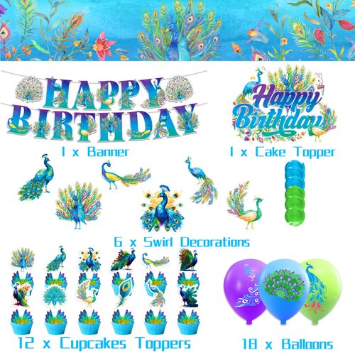 Peacock Party Decorations Colorful Peacock Birthday Party Supplies Includes Peacock Birthday Banner Cake Topper Cupcake Toppers Hanging Swirls Balloons for Peacock Birthday Party Zoo Bird Theme Party