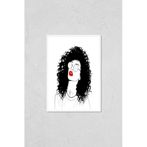 Wall Art Poster Print of Hand-Drawn Black Woman with Curly Luxurious Hair and Red Lipstick.Girl with Perfectly Shaped Eyebrows and Full Lashes. Idea for Business Visit Card, Typography Perfect Salon