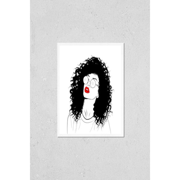 Wall Art Poster Print of Hand-Drawn Black Woman with Curly Luxurious Hair and Red Lipstick.Girl with Perfectly Shaped Eyebrows and Full Lashes. Idea for Business Visit Card, Typography Perfect Salon