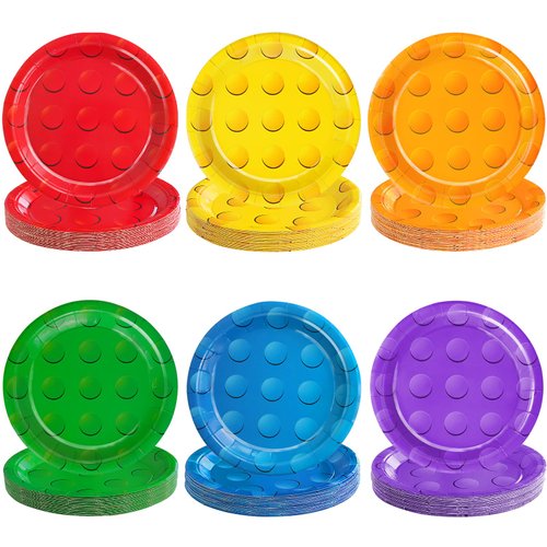 WNINK 72Pcs 6 Color Building Block Party Paper Plates for Building Bricks Themed Party Supplies 7" Colorful Building Block Birthday Party Disposable Plates for Birthday Baby Shower Party Decorations