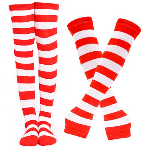 BigOtters Striped High Knee Socks, Including Red and White Socks Long Arm Warmer Gloves Crazy Out...