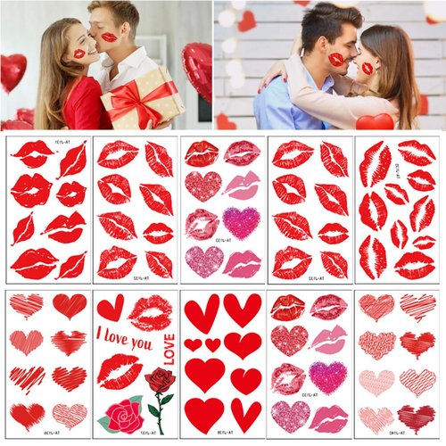 10 Sheets Red Kiss Lip Temporary Tattoo Stickers Lip Heart Print Face Body Waterproof Bright Color Kisses Sticker Costume Accessories Birthday Party Decorations