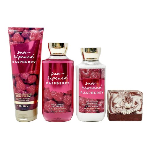 Bath & Body Works Sun-Ripened Raspberry - Trio Gift Set - Body Cream, Shower Gel and Body Lotion with a Cherry On Top Soap