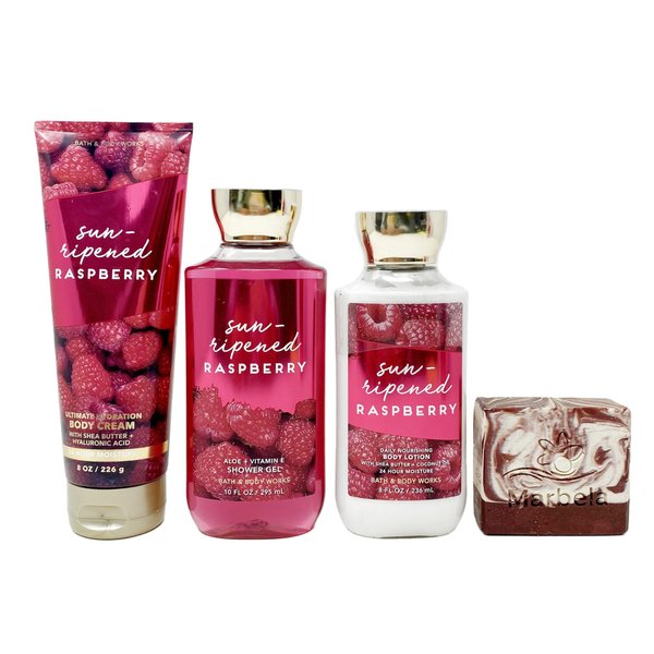 Bath & Body Works Sun-Ripened Raspberry - Trio Gift Set - Body Cream, Shower Gel and Body Lotion with a Cherry On Top Soap