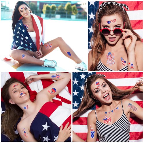 Zienlay 4th of July Temporary Tattoos, Metallic USA Fourth of July Patriotic Tattoos | American Flag Red White and Blue Face Tattoo Stickers, Independence Day Memorial Day Party Accessories Decoration