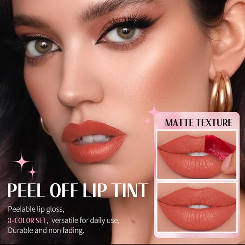 HOSAILY 3 Colors Peel Off Lip Stain Set, Tattoo Magic Color Matte Nude Lip Gloss Lip Tint, Long Lasting Waterproof Liquid Lipstick Tinted Makeup, Nonstick Cup Lip Stain for Women Girls(02+03+06)