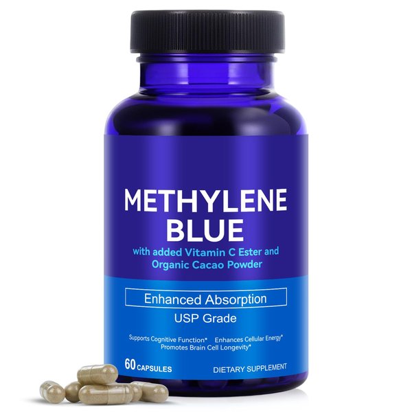 Methylene Blue Capsules, USP Grade Capsule Form Methylene Blue 12 Mg for Human with Added Vitamin C Ester- Supports Cognitive Function & Enhances Absorption, 60 Capsules