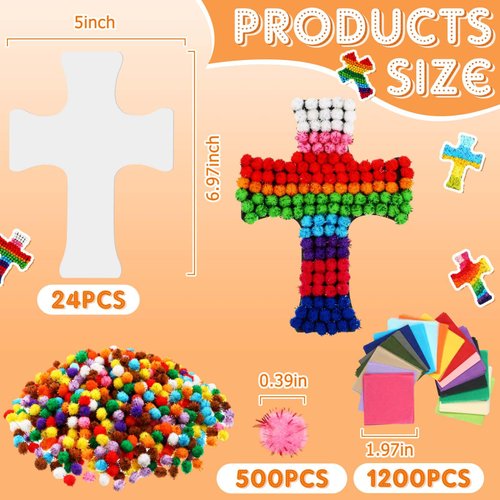 Silipull 24 Sets Cross Crafts DIY Christmas Religious Magnets Cross Sticky Boards with Tissue Paper Beads Pompoms Make Your Own Cross Craft Christian Gift for Kids Sunday School Bible School Church