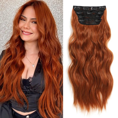 Dorsanee Clip in Hair Extensions, Ginger Hair Extensions, 20 Inch 4pcs Long Wavy Copper Red Synth...