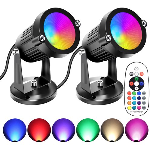 FZWLE Spot Lights Indoor, 5W RGBW Color Changing Up Lights Indoor Remote Control, Plant Spotlight Decorative Lights Plug 6 FT Cord with Floor Foot Switch (2 Pack with Base and Stake)