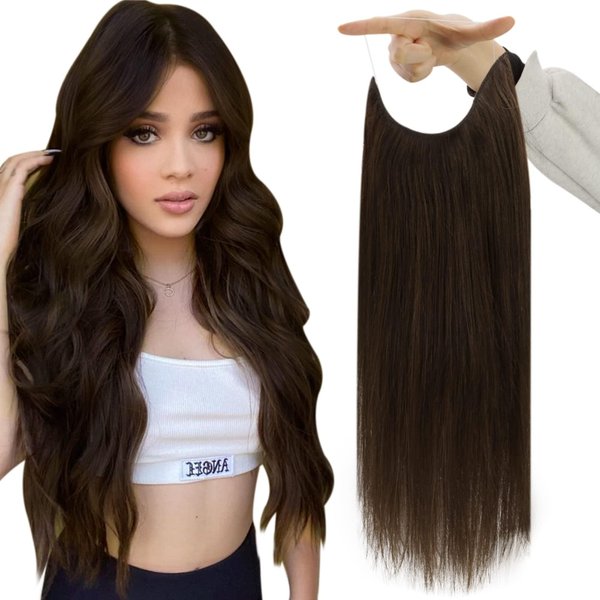 Wire Hair Extensions, 16 Inch 80g Fish Line Hair Extensions Clip in Hair Extensions Dark Brown, Fshine Remy Hair Extensions Real Human Hair Straight Hair Invisible Line