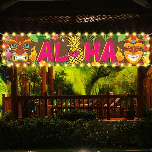 OuMuaMua Hawaiian Luau Party Decorations, Aloha Party Decorations, Tiki Decorations Aloha sign with Lights for Summer Aloha Moana Hawaii Luau Party Decorations, Tropical Birthday Tiki Party Supplies