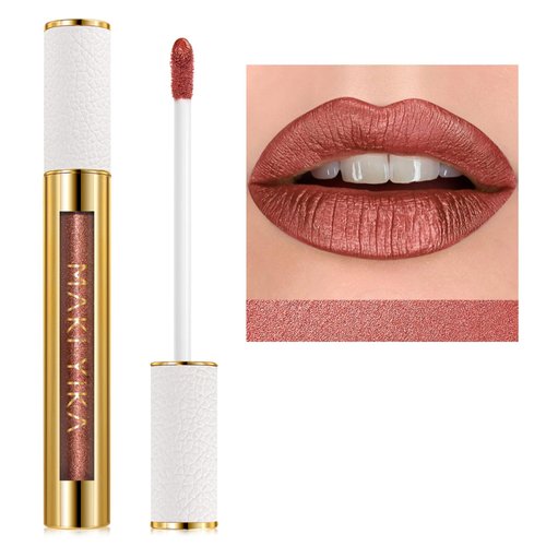 MAKI YIKA Metallic Lipsticks Long Lasting Brown Lipstick for Women, High Shine Glitter Lipstick No Smudge Transferproof Full-Coverage Liquid Lip Gloss (BR09 Celebration)